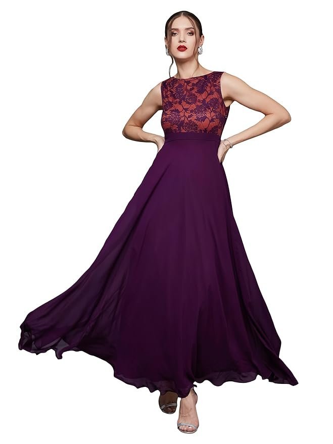 Women's Brick Red & Dusty Green Boat Neck Sleeveless Self Design Lace Overlaid Regular Dress(Dark Purple)