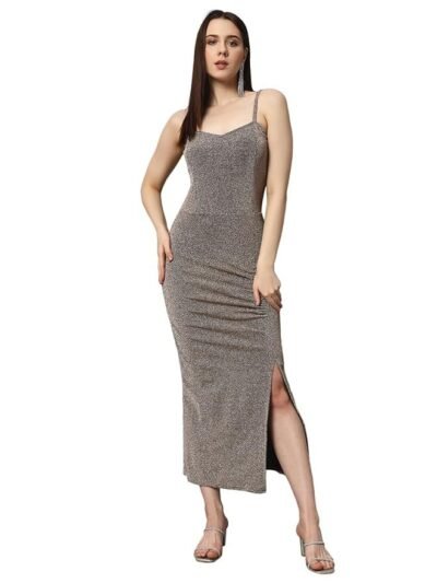 Party Dress for Women Bodycon | Shiny Lurex Fabric Shoulder Straps Front Slit Outfit