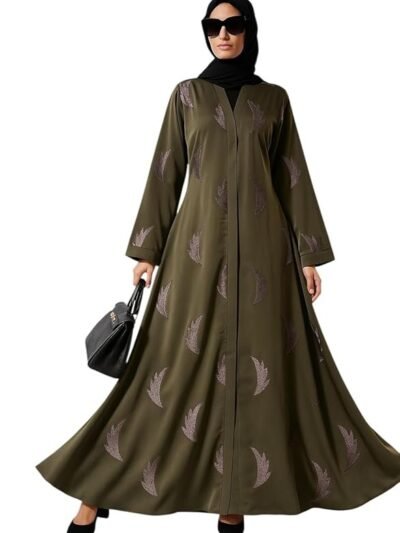 Luxury Embroidered Abaya for Women with Black Hijab | Elegant Full-Length Modest Dress(Coffee)