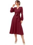 Maroon Polyester Belted A-Line Midi Dress