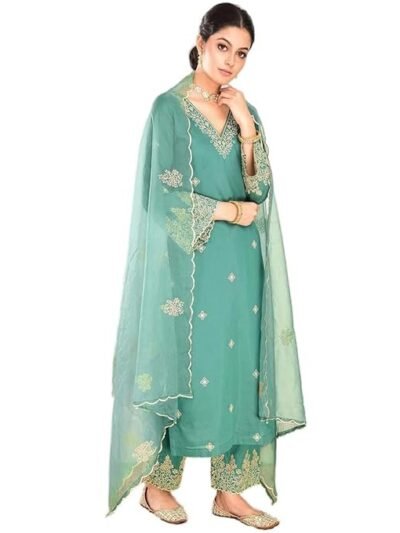 Women's Silk Blend Embroidered Salwar Suit Set | Straight Length Kurta and Elastic Waistband Closure Solid Pant with Dupatta(Blue)