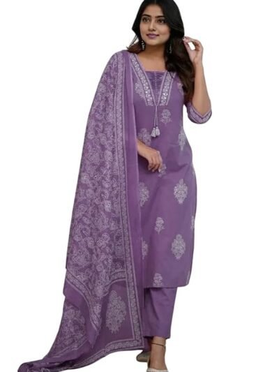 Women's Pure Cotton Printed with Handwork Kurta with Pants and Dupatta Set | Ethnic Set | Suit Set |Wedding Suit Set(Purple)