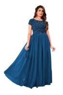 Blue Elegant Women's Gown with Sequins Work | Velvet Bodice & Net Flare | Short Sleeve, Boat Neck