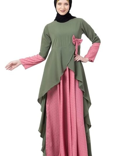 Polka Dotted Asymmetrical Long Maxi Abaya Dress for Women Made in Nida & Crepe Fabric with Long Sleeves(Jade Green & Pink)