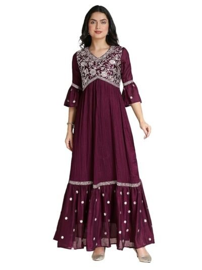 Women's Vichitra Silk Crus Traditional Ethnic Long Gown with Sequence Embroidery Work Long Kurta(Maroon)