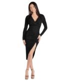 V-Neck Long Sleeve Lurex Glitter Solid Front Slit Front Ruched Seam Bodycon Above Knee Length Women Dress(Black)