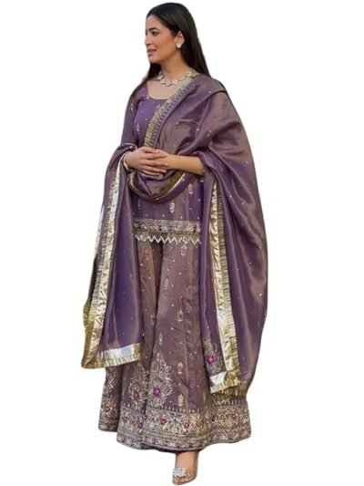 Purple Net Embroidered Sharara Suit with Dupatta | Ethic | Dress | Wedding | Party | Comfortable