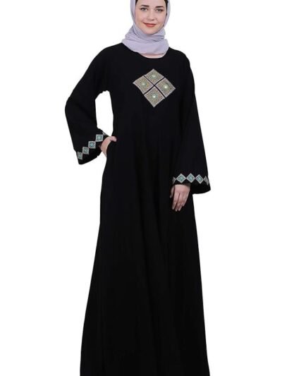 Women’s Nida Matte Umbrella Abaya Dress with Embroidery, Long Sleeves & Side Pocket(Black)