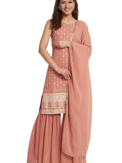Women's Georgette Straight Kurta Sharara Set with Dupatta(Peach)