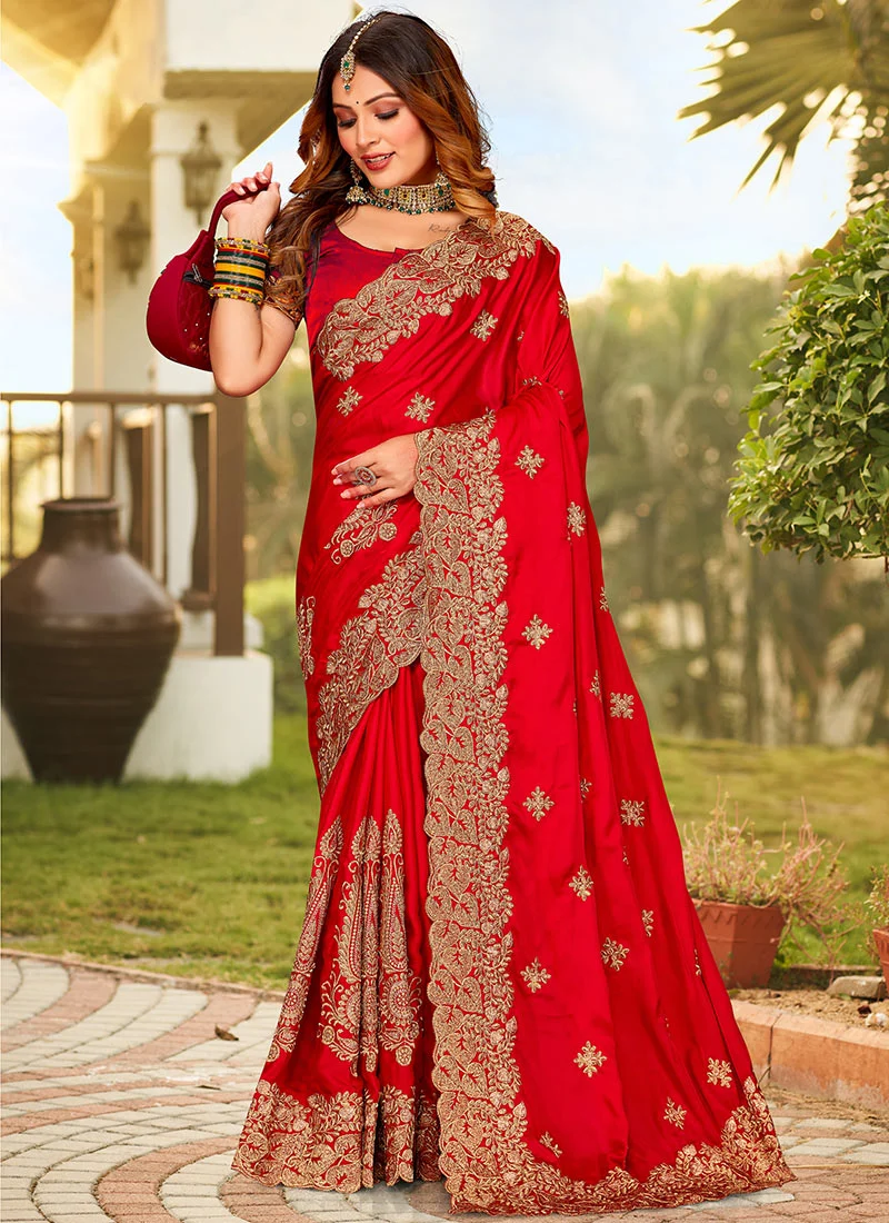 Red Satin Saree