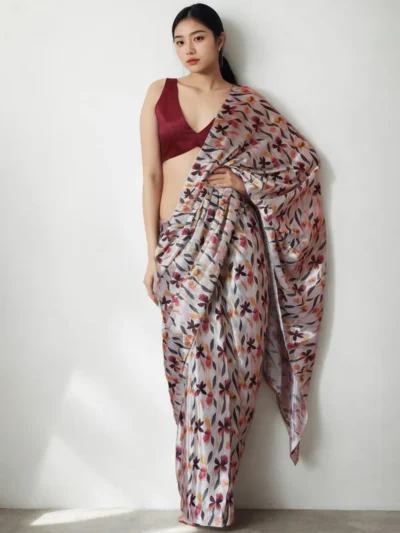 Off White Chinon Digital Print Pre Draped Saree After Six Wear