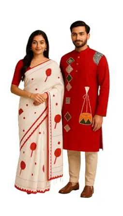 Saaga Clothing by ApDux Couple Set, Traditional Wedding Attire, Material, Saree and Kurta Combo, Festive Occasion Wear White