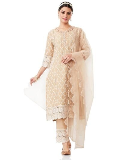 Women's Embroidered Cotton Kurta Pant Set with Organza Dupatta(Beige)