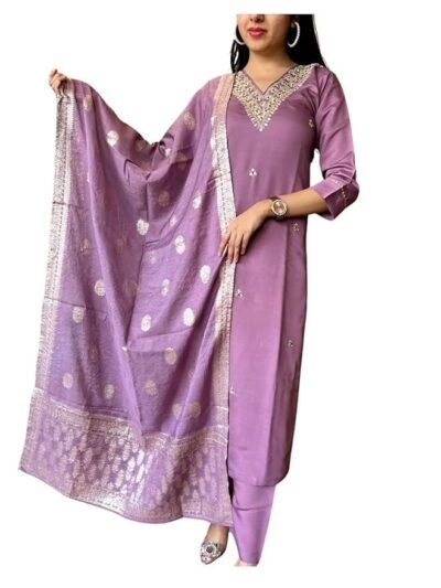 Women's Viscose  Silk Embroidery Kurta Bottom Set, and Dupatta Set Traditional Kurta Set for Women(Rose Pink)