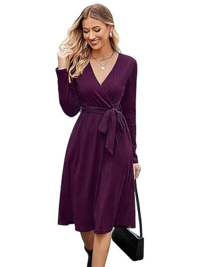 Women's Fall Long Sleeve Sweater Dress Wrap V Neck Casual Midi Dress