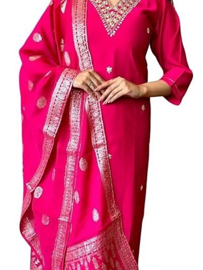 Women's Viscose  Silk Embroidery Kurta Bottom Set, and Dupatta Set Traditional Kurta Set for Women(Pink)