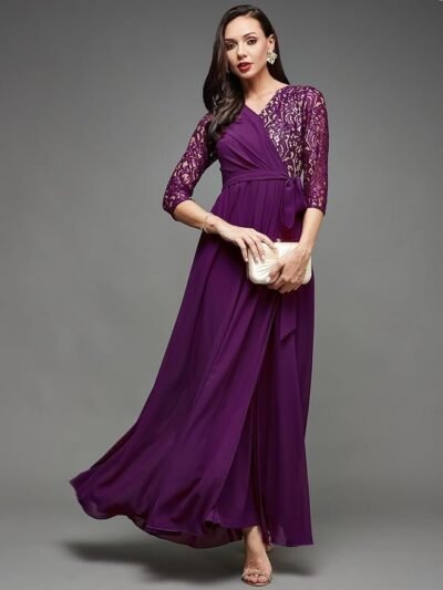 Women's V-Neck Three-Quarter Sleeve Self-Designed Wrap Maxi Georgette Dress(Dark Purple)