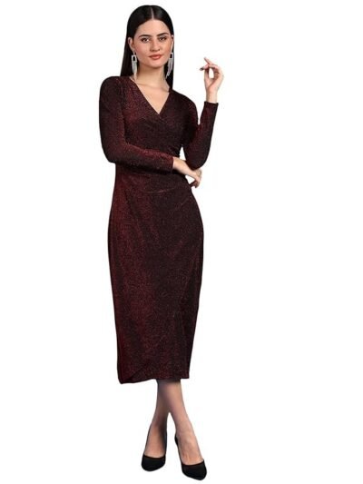 Women's Stylish Casual Evening Textured Full Sleeve V-Neck Bodycon Body Fitted Midi Dress, Maroon