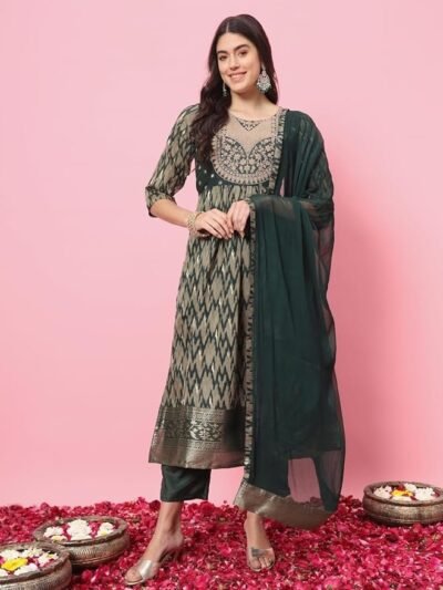 Women's Cotton Silk Kurta Pant Set with Nazmin Jacquard Lace Dupatta(Green)