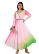 Women's Georgette Mirror Work Maxi Dress with Belt, V-Neck, Ethnic Gown for Festive and Wedding, Regular Fit