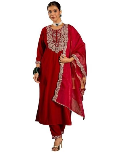Women Velvet Embroidered Straight Kurta Pant Dupatta Set(Red)