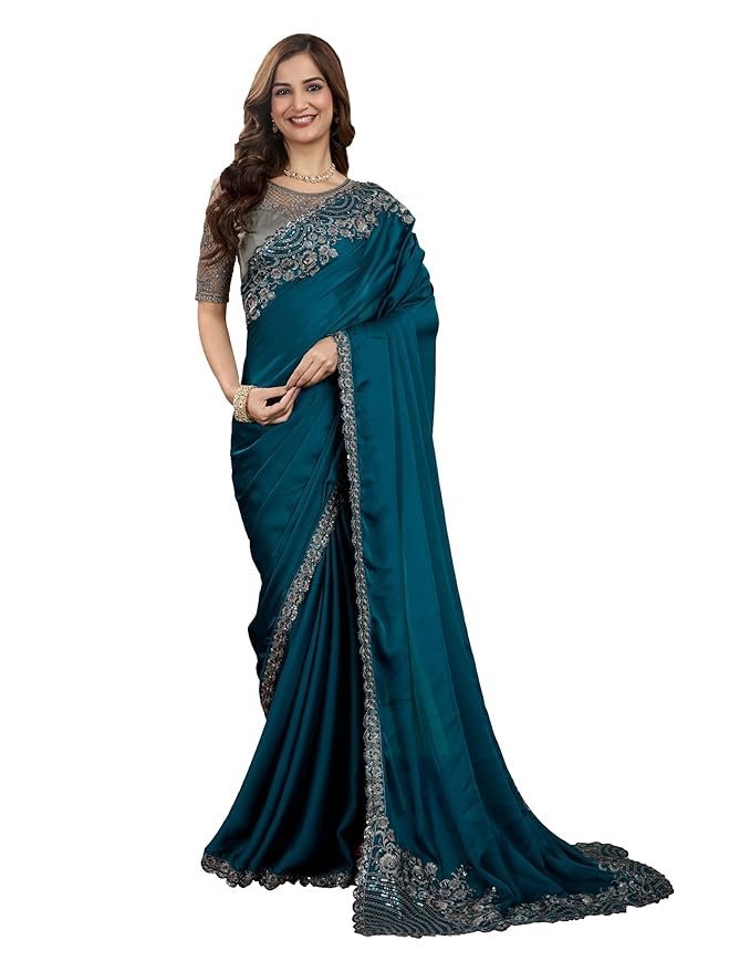 Teal Blue Art Silk Unstitched Sequinned Saree with Blouse Piece
