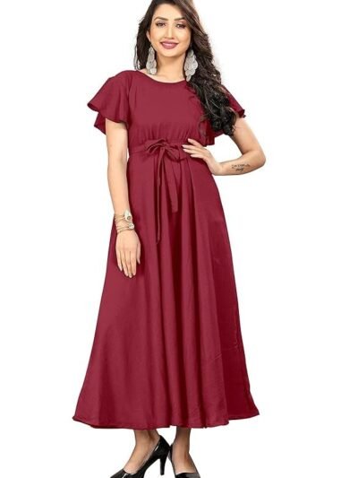Red Stylish Women’s Solid Crepe Maxi Gown Dress | Long Western Dress, Casual, Evening, and Brunch Outfit