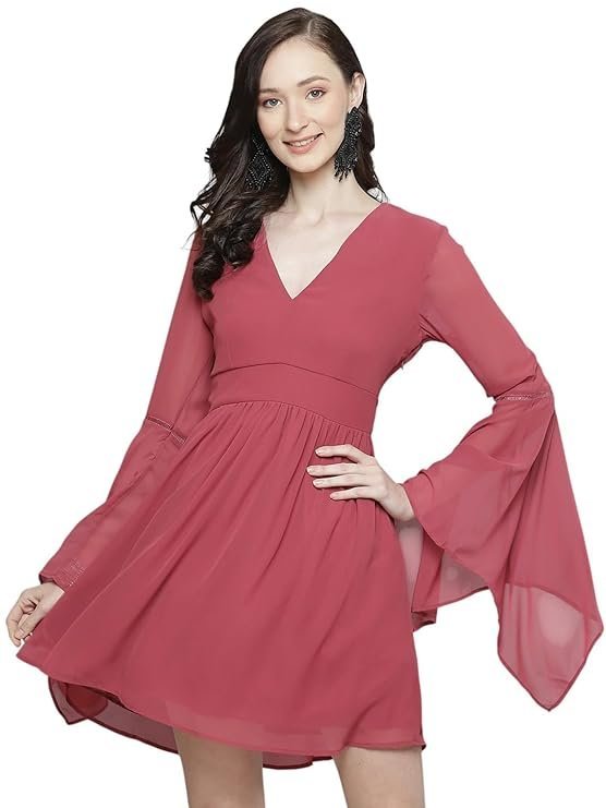 Women's Georgette Knee-Length Skater Dress(Pink)