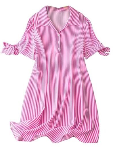 Striped Shirt Style Mini Dress for Women | Collared Casual A-Line | Tunic with Tie Sleeves & Front Buttons (PINK)
