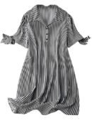 Striped Shirt Style Mini Dress for Women | Collared Casual A-Line | Tunic with Tie Sleeves & Front Buttons (BLACK)