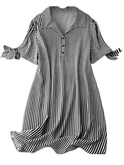 Striped Shirt Style Mini Dress for Women | Collared Casual A-Line | Tunic with Tie Sleeves & Front Buttons (BLACK)