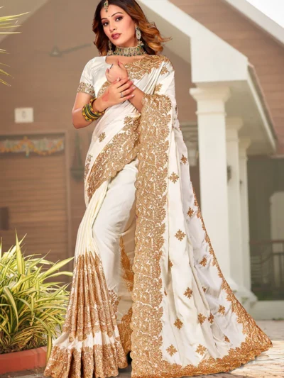Off White Satin Blend Embroidered Saree Party Wear