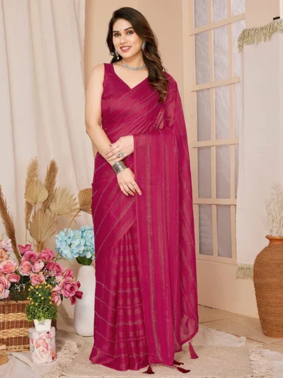 Wine Georgette Stone Embossed Pre Draped Elegant Saree With Blouse Party Wear