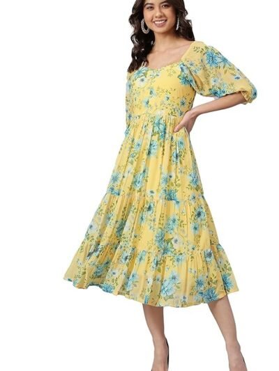 Women's Fit and Flare Midi Georgette Floral Printed Tiered Dress (Yellow)