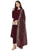 Women's Maroon Poly Crepe Straight Kurta with Pant and Dupatta