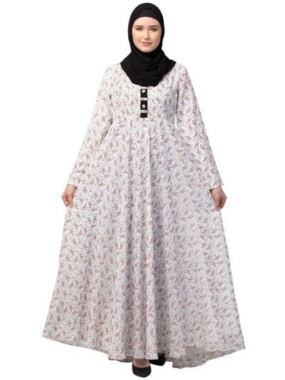 Women Floral Printed Long Maxi Dress Abaya Made in Georgette fabric With Regular Sleeves(White)