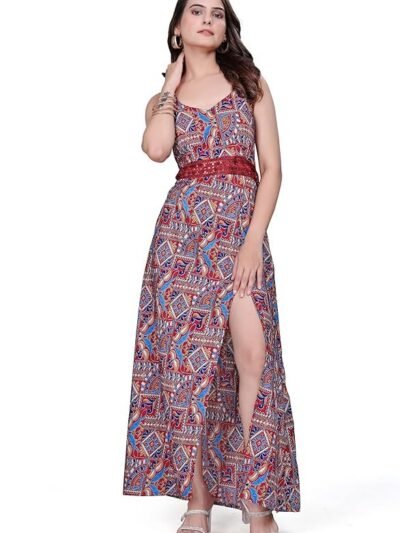 Women Printed Slit Maxi Dress Sleeveless Spaghetti Strap Ethnic Fusion Long Dress for Evening Vacation Festive Occasion