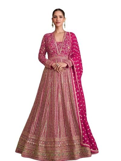 Women's Pink  Stitched Gown with Dupatta Full Sleeve Embroidered Anarkali Gown