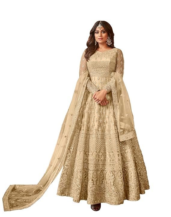 Beige Net Semi-Stitched Maxi Anarkali Gown