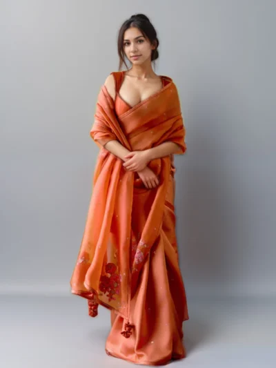 Orange Organza Silk Zari Sequins Hand Embroidered Saree Festive Wear