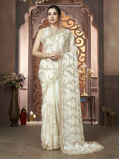 Cream Organza Hand Embroidered Sequins Beads Work Saree Wedding Wear