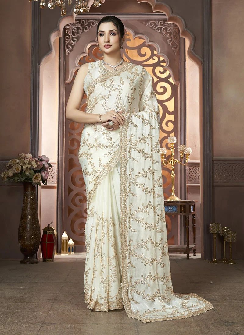 Cream Organza Sequinned Saree