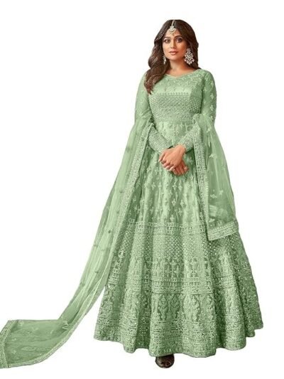 Women's Net Semi Stitched Gown Top With Satin Silk Fabric Bottom & Net Dupatta Embroidered Anarkali Dress（Green）