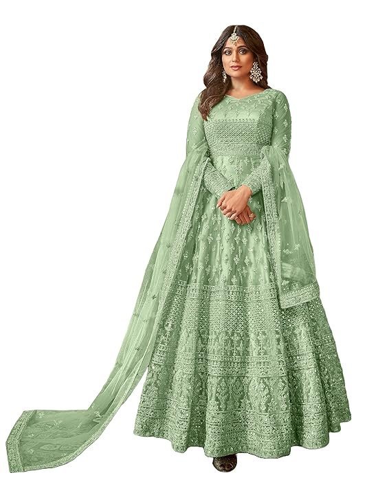 Green Net Semi-Stitched Maxi Anarkali Gown