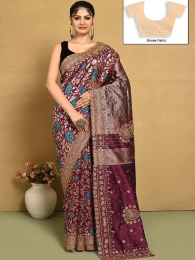 Wine Kancheepuram Silk Hand Embroidered Saree Wedding Wear
