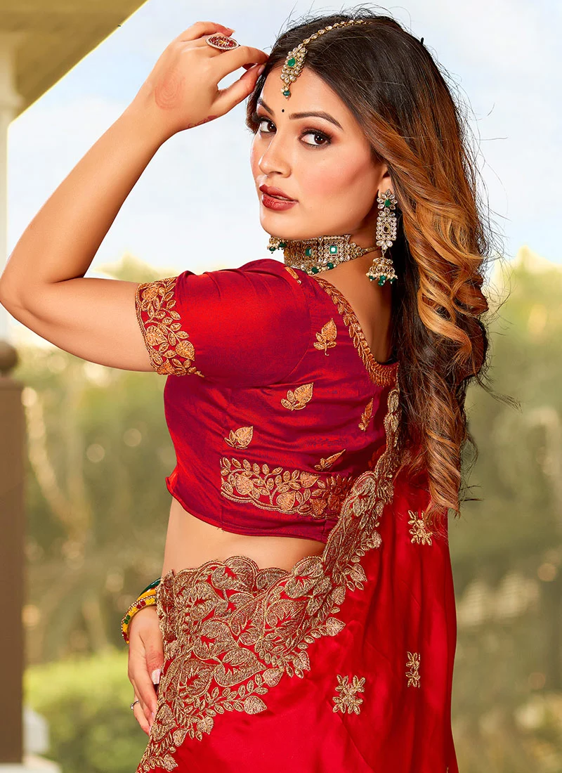Red Satin Saree - Image 2