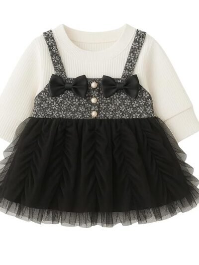 Baby Girl Black Long Sleeve Princess Dress - Soft Cotton Round Neck Flower Dress for Toddler Girls, Birthday, Party & Casual Wear