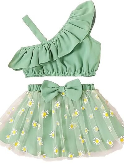 Pista Green Latest Fancy Stylish Baby Girls Crop Top Pure Viscos Cotton With Flower Printed Design Skirts