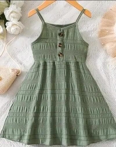 Green Kid Girl's Soft Cotton Sleeveless Frock Dress | Solid Color