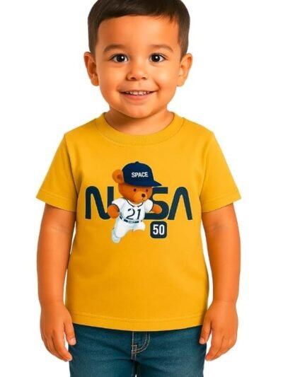 Boys Yellow Polycotton Printed T-Shirt, Summer Casual Wear, Round Neck Half Sleeve Printed Tee for Kids